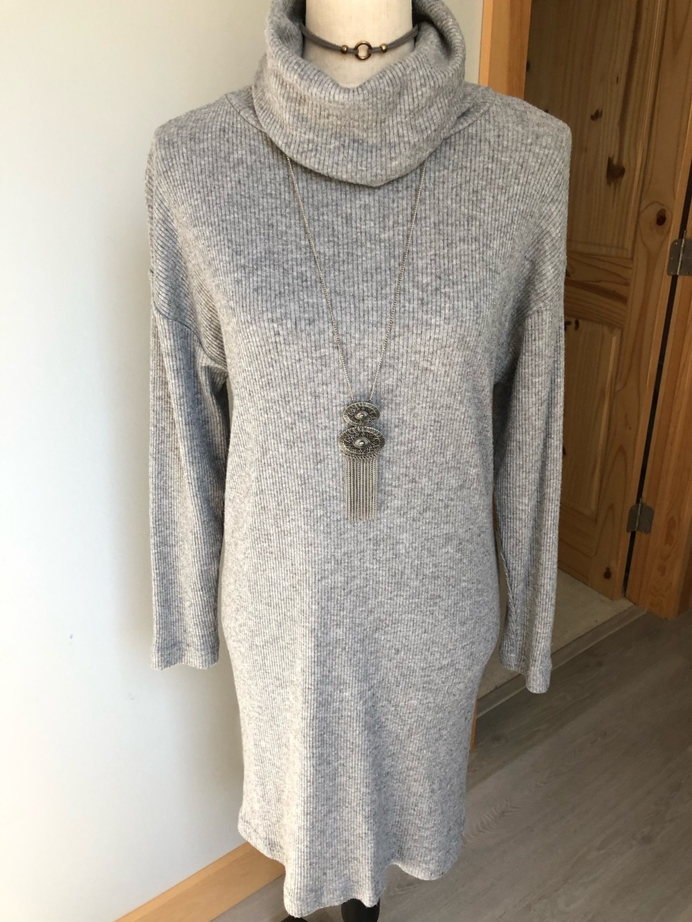 Grey Ribbed Cowl Neck Sweater Dress Size Small